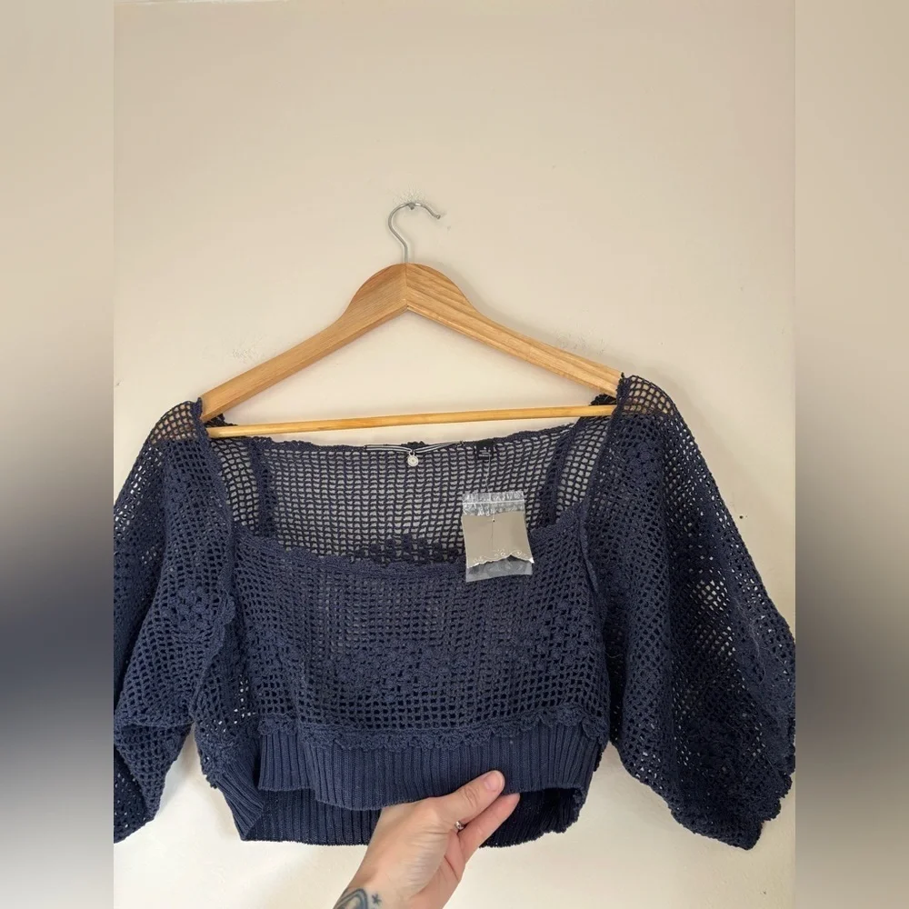 Anthropologie Knitted & Knotted Crochet Tee in Navy